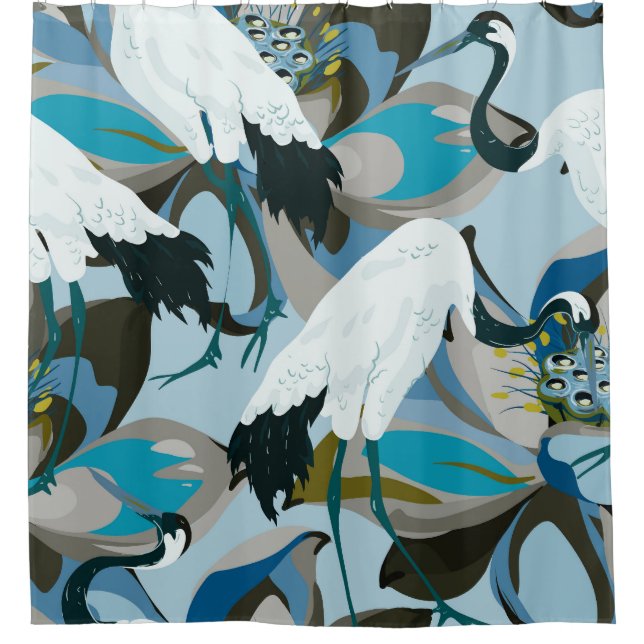 Crane & Lotus: Abstract Vintage Shower Curtain (Front)