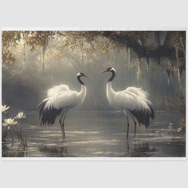 Crane Pair in a Misty Marsh Decoupage Tissue Paper (Front)