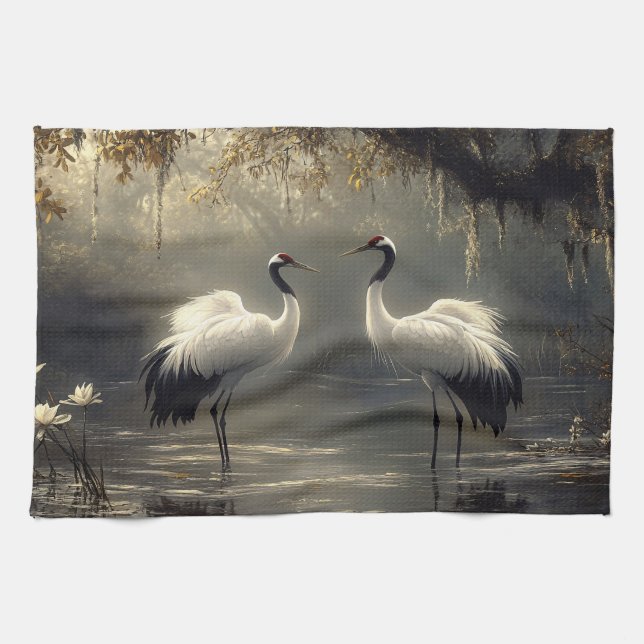 Crane Pair in a Misty Marsh Tea Towel (Horizontal)