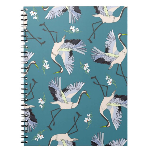 crane, pattern, illustration flying bird flower notebook (Front)