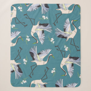 crane, pattern, illustration flying bird flower sherpa blanket