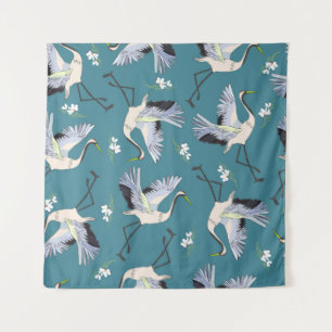 crane, pattern, illustration flying bird flower tapestry