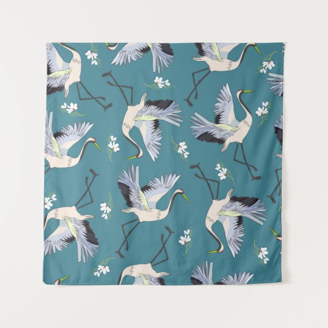 crane, pattern, illustration flying bird flower tapestry (Front)
