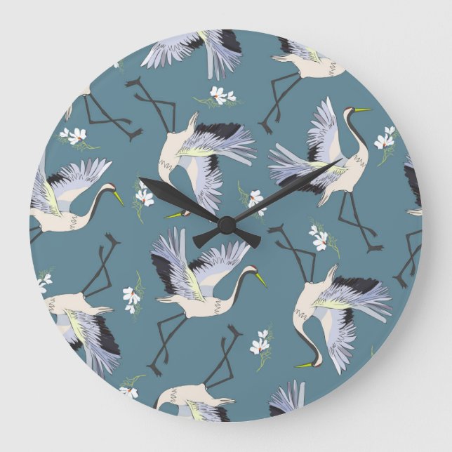 Crane Pattern, Illustration Flying Bird. Large Clock (Front)