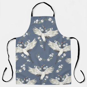 crane, pattern, vintage illustration flying bird f apron