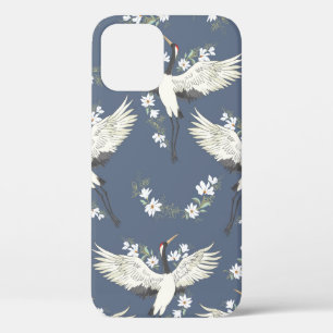crane, pattern, vintage illustration flying bird f iPhone 12 case