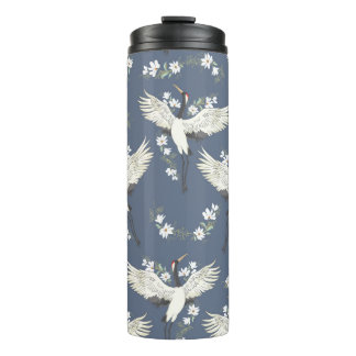 crane, pattern, vintage illustration flying bird f thermal tumbler