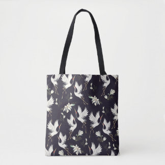 crane, pattern, vintage illustration flying bird f tote bag
