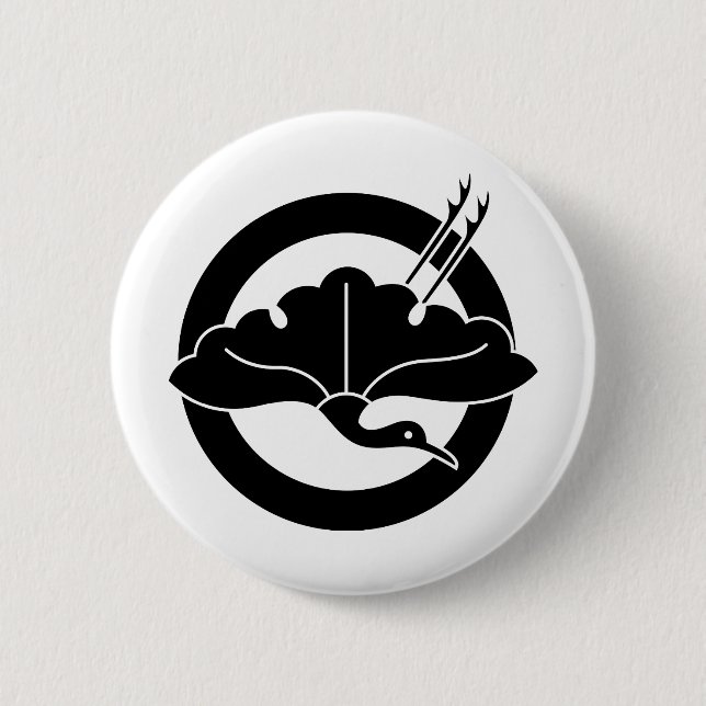 Crane-shaped ginkgo leaf on circle 6 cm round badge (Front)