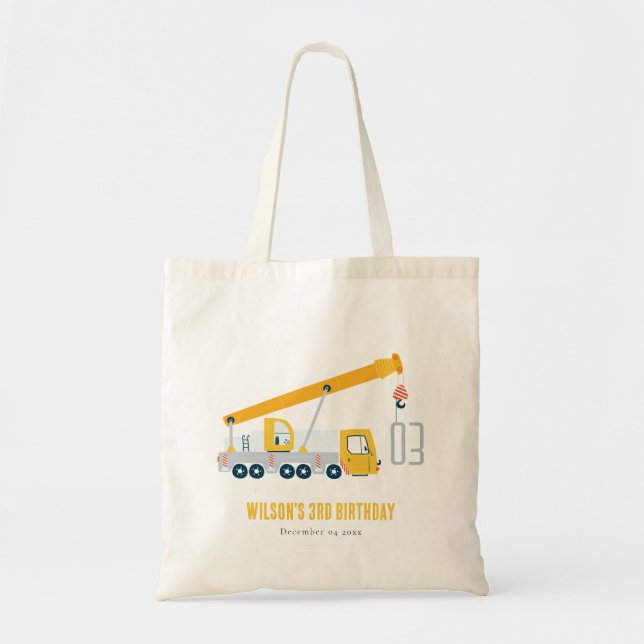 Crane Truck Construction Vehicle Kids Birthday Tote Bag (Front)