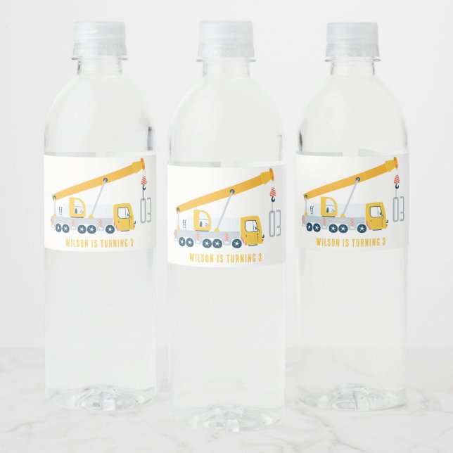 Crane Truck Construction Vehicle Kids Birthday Water Bottle Label (Bottles)