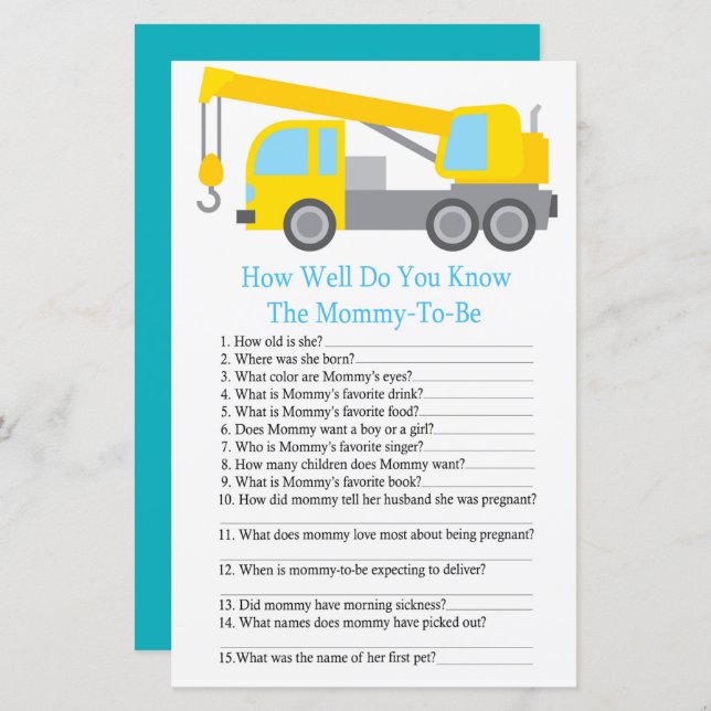 Crane Truck how well do you know baby shower game (Front/Back)