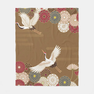 Cranes and chrysanthemums Japanese traditional pat Fleece Blanket