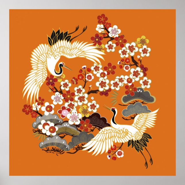 CRANES AND COLOR SAKURA. Colourful floral seamless Poster (Front)