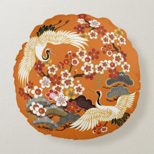 CRANES AND COLOR SAKURA. Colourful floral seamless Round Cushion
