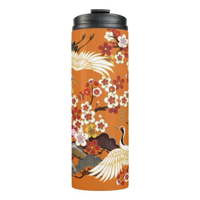CRANES AND COLOR SAKURA. Colourful floral seamless Thermal Tumbler (Front)