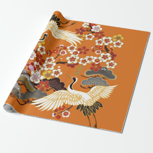 CRANES AND COLOR SAKURA. Colourful floral seamless Wrapping Paper