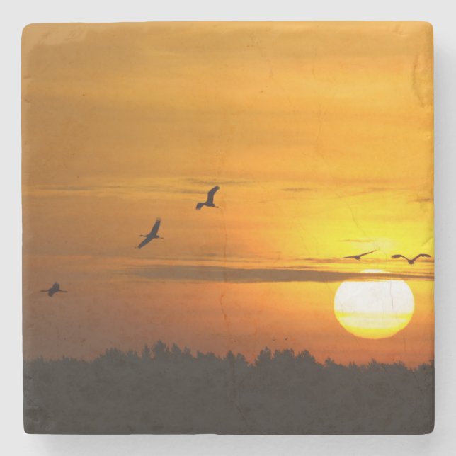 Cranes at sunrise stone coaster (Front)