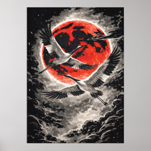 Cranes Flying in Red Moon - Japanese Art Poster