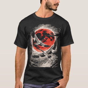 Cranes Flying in Red Moon - Japanese Art T-Shirt