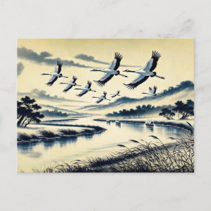 Cranes Flying Over a River Landscape Chinese Ink P Postcard
