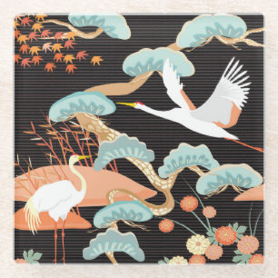 Cranes, herons: Japanese bird pattern. Glass Coaster