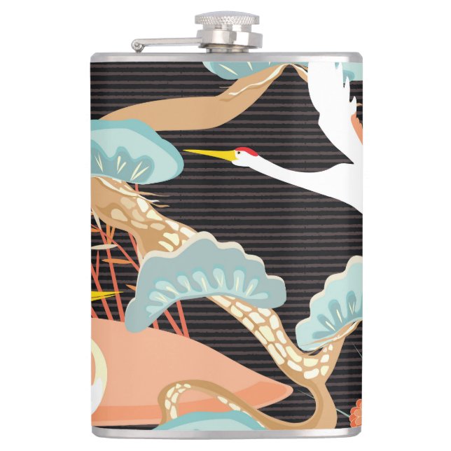 Cranes, herons: Japanese bird pattern. Hip Flask (Front)