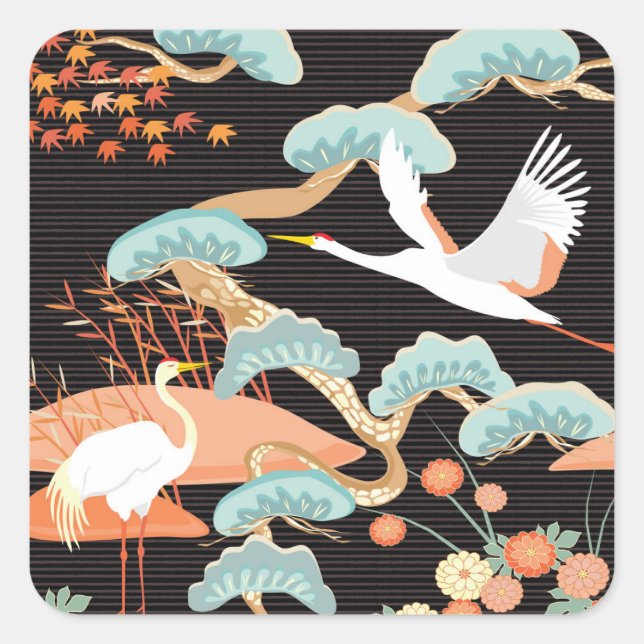 Cranes, herons: Japanese bird pattern. Square Sticker (Front)