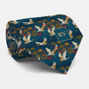 Cranes in Autumn Floral on Navy Blue Tie