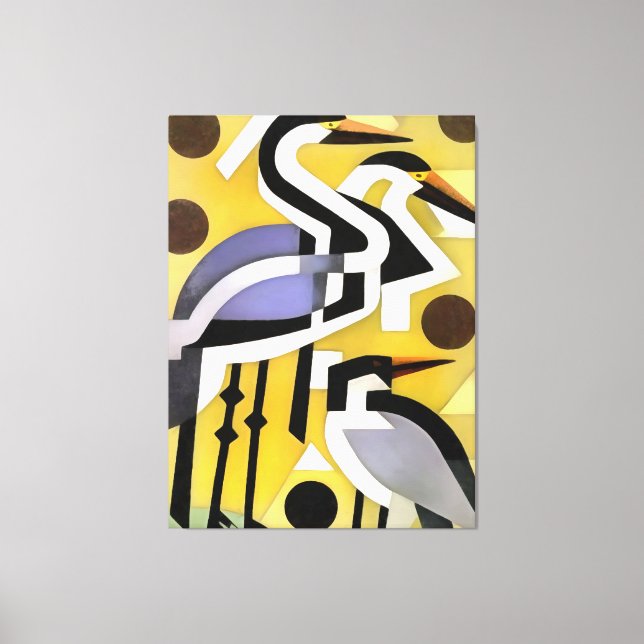 Cranes In Geometric Abstract Art Style On Yellow Canvas Print (Front)