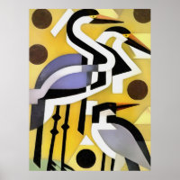 Cranes In Geometric Abstract Art Style On Yellow
