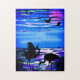 Cranes Love Dance - Romantic - Lake Sunset - Jigsaw Puzzle