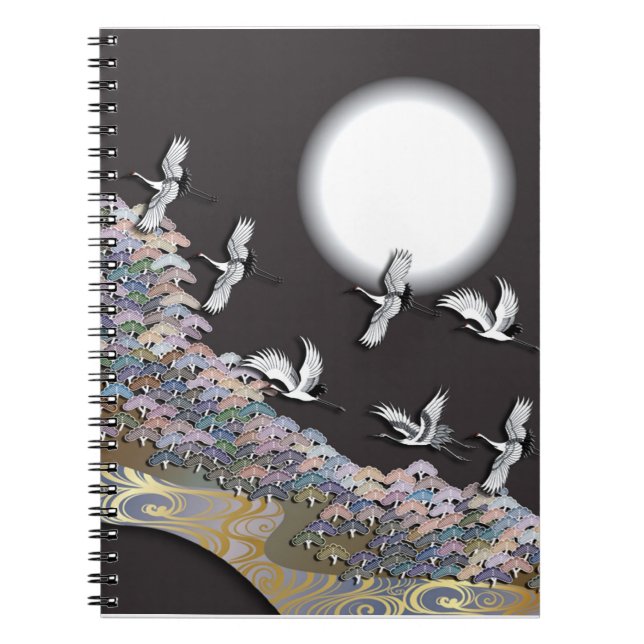 Cranes, moon and pines notebook (Front)