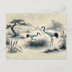 Cranes Nesting at Their Nest Chinese Ink Painting Postcard