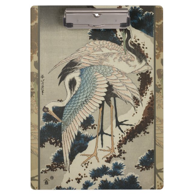 Cranes on a Snow Covered Pine Hokusai Clipboard (Front)