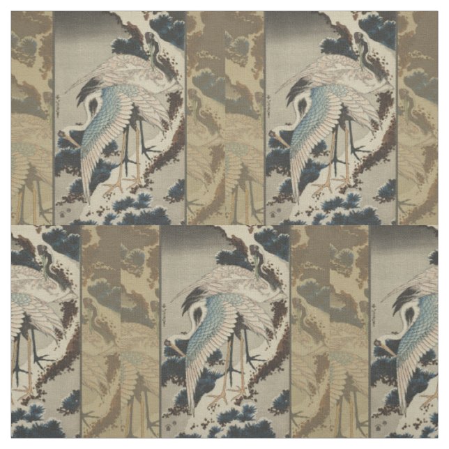 Cranes on a Snow Covered Pine Hokusai Fabric (Swatch)