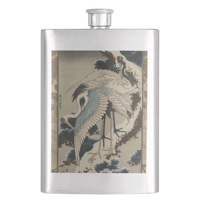 Cranes on a Snow Covered Pine Hokusai Hip Flask (Front)