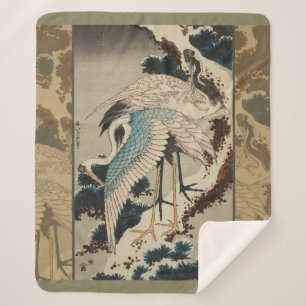 Cranes on a Snow Covered Pine Hokusai Sherpa Blanket