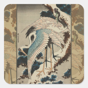 Cranes on a Snow Covered Pine Hokusai Square Sticker