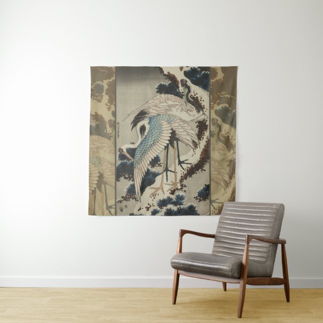 Cranes on a Snow Covered Pine Hokusai Tapestry (In Situ)