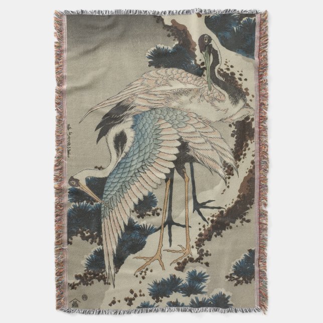 Cranes on a Snow Covered Pine Hokusai Throw Blanket (Front Vertical)