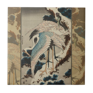 Cranes on a Snow Covered Pine Hokusai Tile
