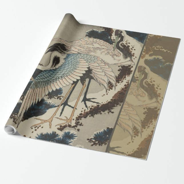 Cranes on a Snow Covered Pine Hokusai Wrapping Paper (Unrolled)