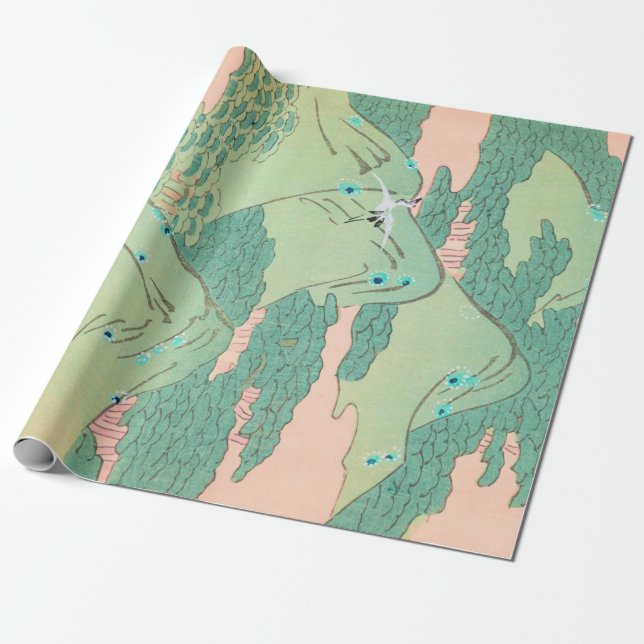 Cranes over Mountains Vintage Japanese Pattern Wrapping Paper (Unrolled)