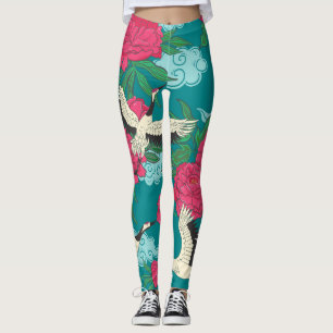 Cranes Peonies: Vintage Floral Graphics Leggings