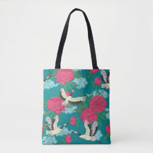 Cranes Peonies: Vintage Floral Graphics Tote Bag