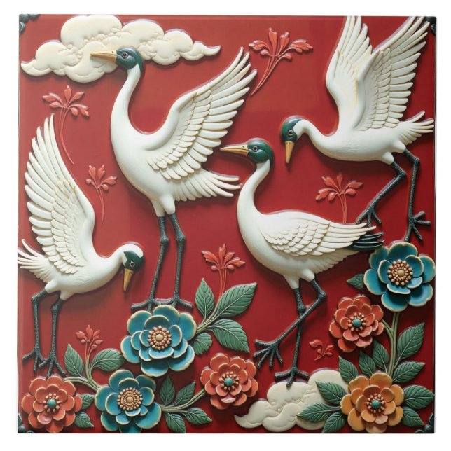 Cranes Resting on Floral Branches Tile (Front)