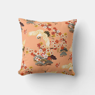 Cranes, sakura, colourful, floral, cantaloupe. cushion
