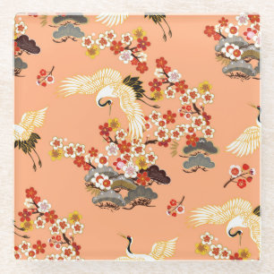 Cranes, sakura, colourful, floral, cantaloupe. glass coaster