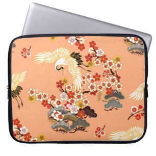 Cranes, sakura, colourful, floral, cantaloupe. laptop sleeve